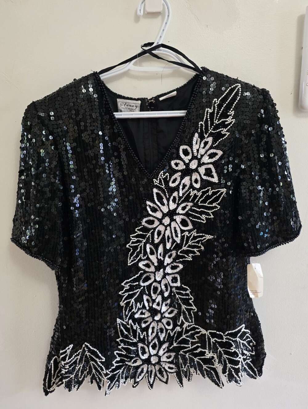Vintage Sténay Silk Sequin Beaded Top Size L Black Floral Cocktail Party NWT